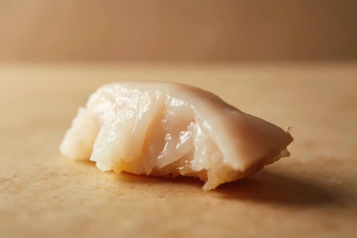 Fish: Translucent-to-Opaque Transition at 60°C / 140°F. Fish muscle is composed of short myomeres separated by collagen sheets (myocommata). Visual cues: The flesh changes from translucent or glassy to uniformly opaque white or pale pink when viewed from the side or tested with a knife tip, A fork or the tip of a knife inserted at the thickest point meets minimal resistance and the myomeres begin to separate into distinct flakes, The flesh surface loses its sheen and takes on a matte, slightly grainy appearance.