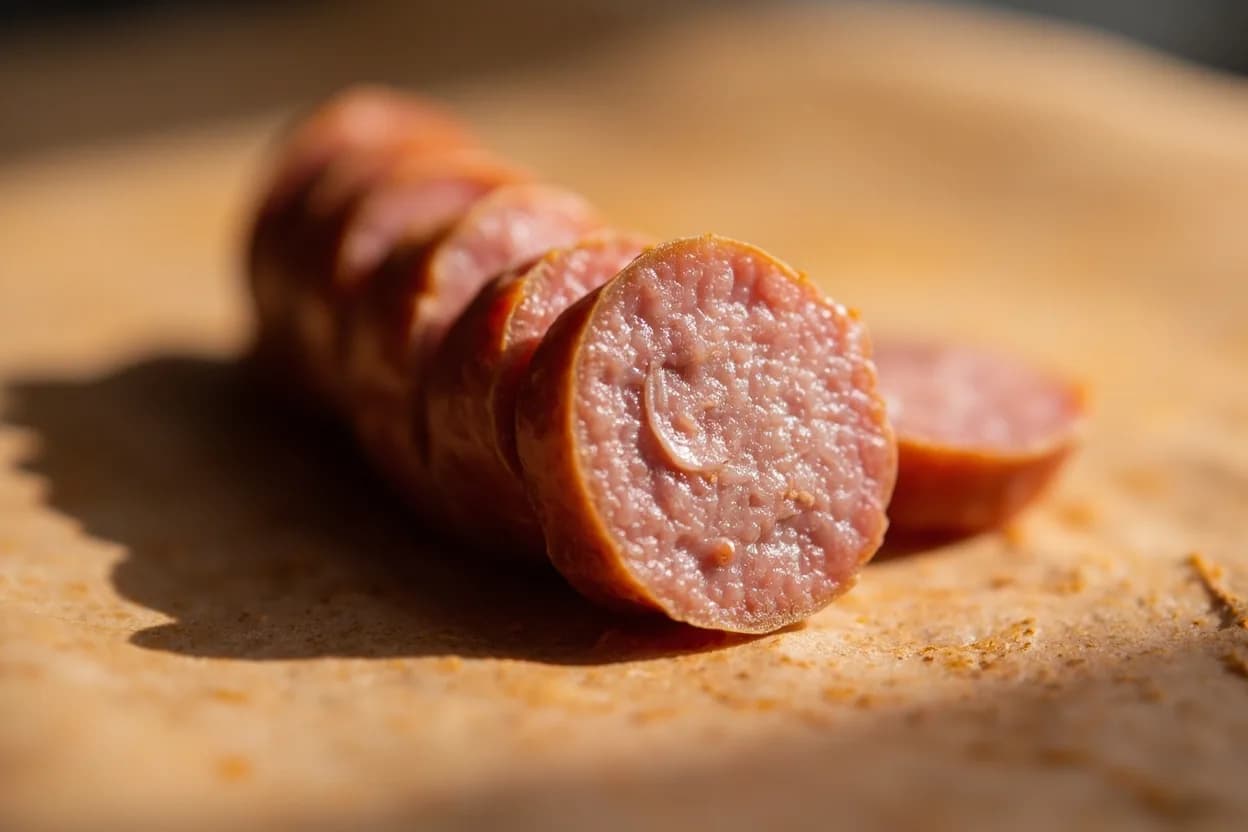 Mortadella Emulsion Cook Temperature at 68–72°C (155–162°F) internal. The mortadella batter is an oil-in-water emulsion held together by soluble myosin proteins extracted from lean pork by salt and mechanical action. Visual cues: Core temperature probe reads 68–72°C at the geometric centre of the sausage, Surface of the casing is taut and the sausage feels firm when squeezed through the casing, Cross-section shows a uniform, pale-pink, fine-grained texture — no greyish outer ring or greasy sheen.