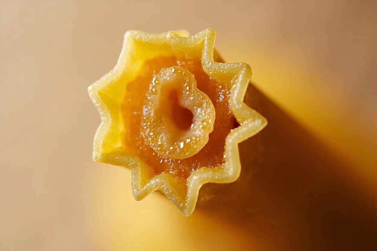 Pasta Al Dente at No single internal temperature; assessed by texture and cross-section test. During boiling, water penetrates the pasta from the outside in, hydrating the starch granules and causing them to swell and gelatinize. Visual cues: A single strand or piece bites cleanly with a slight resistance, no squish or collapse, Cross-section of a thick pasta shows no white or chalky center (white spot test), Pasta holds its shape when lifted from the water with tongs.