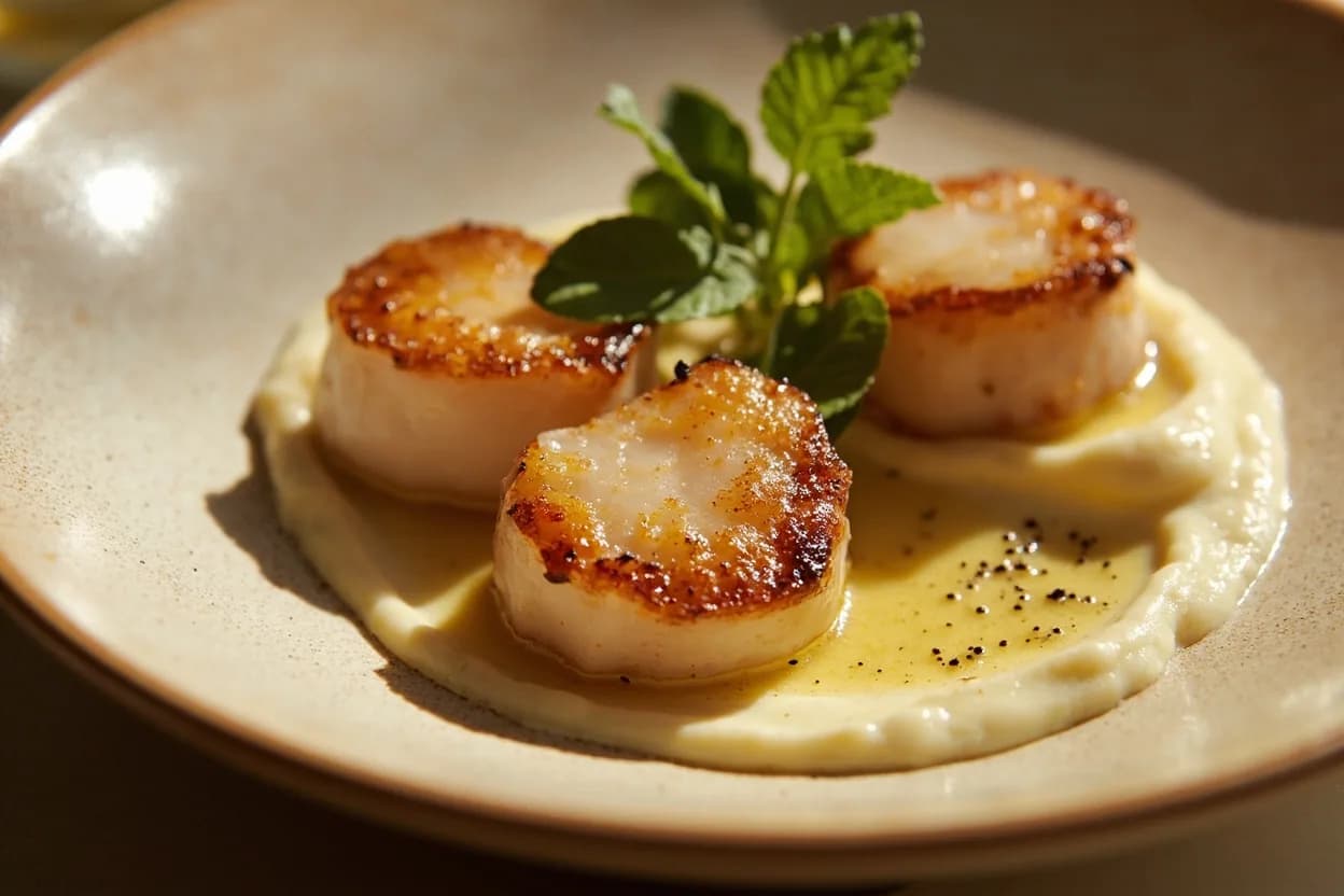 Scallop: Sear Doneness (Translucent Core) in practice — Pan-seared scallops with cauliflower purée and pancetta. Wet-packed scallops are treated with sodium tripolyphosphate (STP), a preservative that causes the scallop to absorb water — often adding 20–30% to its weight.