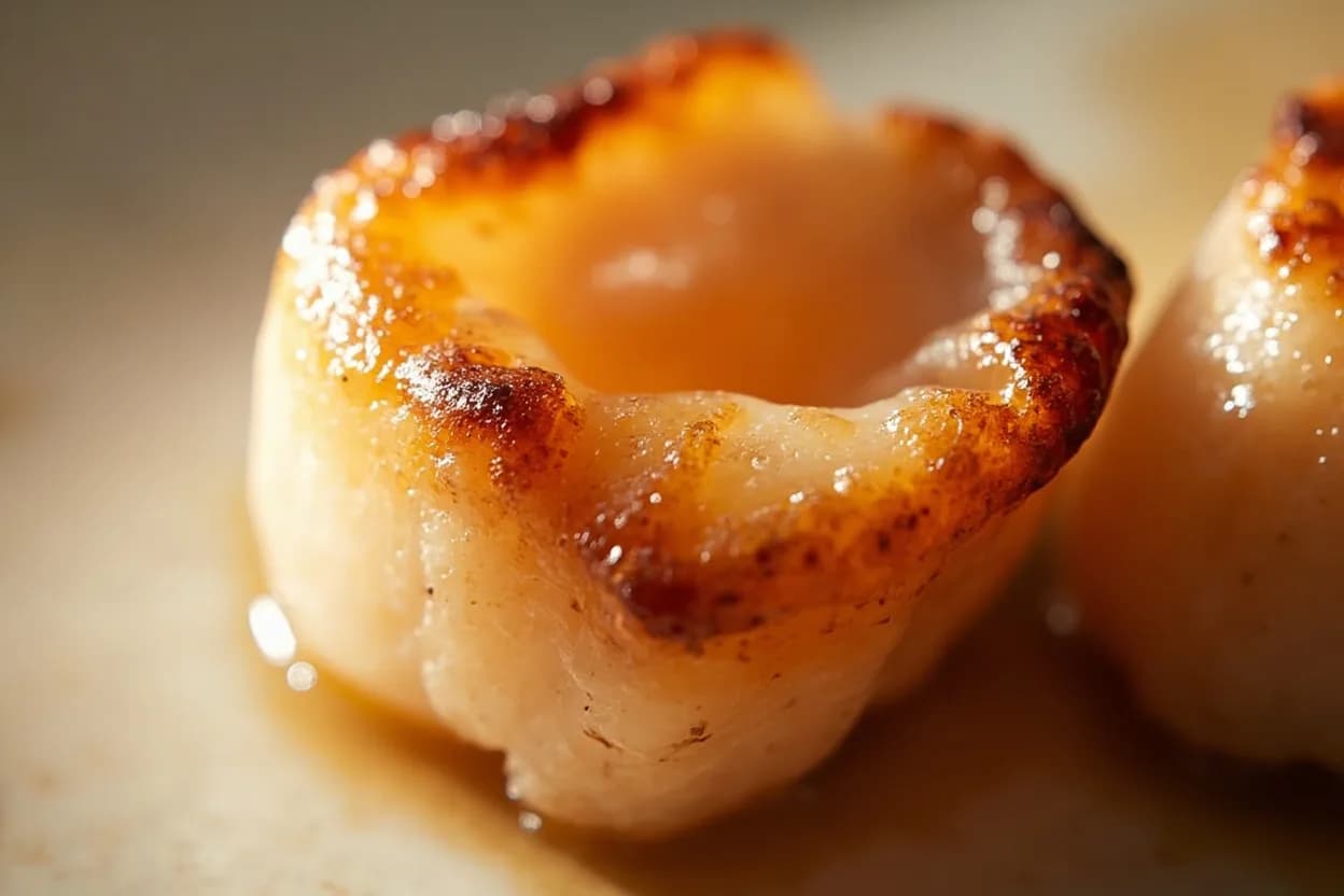 Scallop: Sear Doneness (Translucent Core) at 49–54°C / 120–130°F for an ideal translucent-center sear. Scallop adductor muscle is composed primarily of actin and myosin proteins plus a high-moisture content (around 75–80% water). Visual cues: Exterior crust is deep golden-brown to mahogany, contrasting sharply with the pale sides of the scallop — a crust, not a tan, The scallop releases cleanly from the pan with no sticking; forced early removal tears the crust, When gently pressed with a fingertip, the center gives easily and feels slightly squishy, not springy or firm.