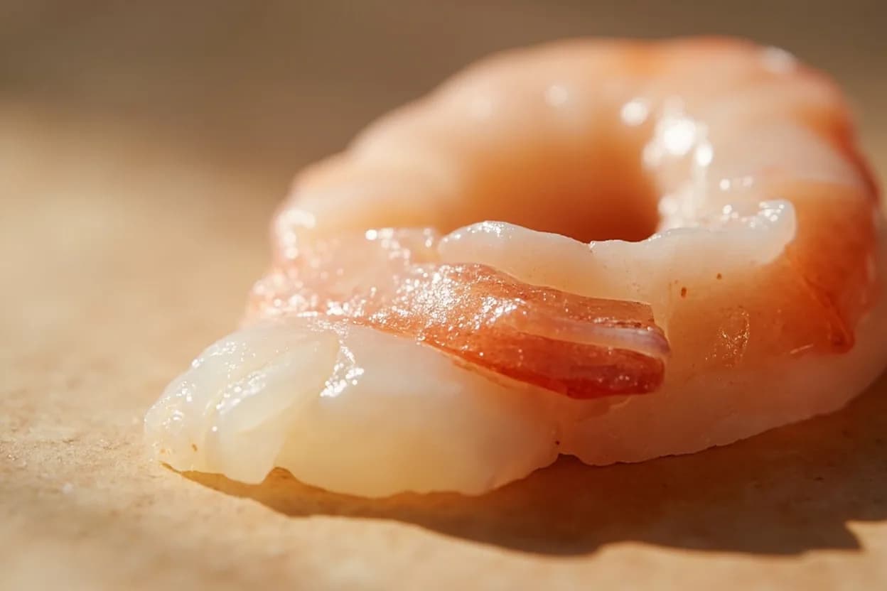 Shrimp: Pink & Curled Doneness Stages at 50–60°C / 120–140°F for ideal doneness; overcooked above 65°C / 149°F. Raw shrimp muscle is translucent because the proteins (primarily myosin and actin) allow light to pass through. Visual cues: Color transitions from grey-translucent to pearlescent white-pink along the tail and body, At ideal doneness: flesh is fully opaque white with a pink blush at the tail and orange-pink carapace (if shell-on), Shape is a relaxed C — the tail curves toward the head but a gap remains between them.