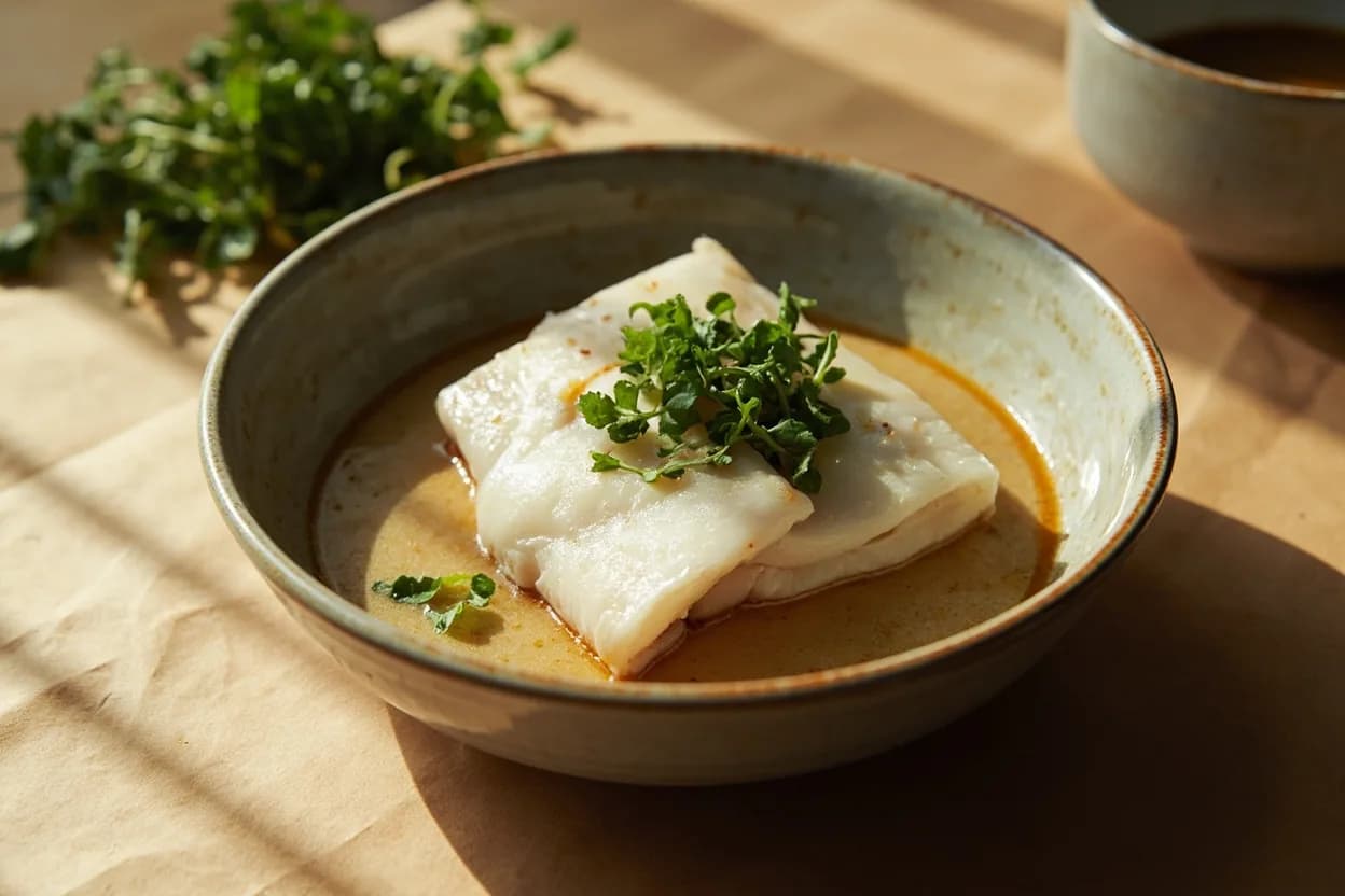 Steamed Fish Eye-White Doneness in practice — Cantonese steamed whole sea bass (清蒸鲈鱼). The eye-white indicator holds for virtually all bony fish (teleosts) because ocular crystallin proteins and fish muscle proteins share similar denaturation temperatures.