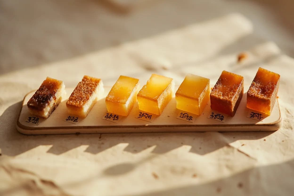 Sugar: Hard Crack Stage in context — the stages just below and above, side-by-side. The hard crack stage is reached when a sugar syrup has been concentrated to approximately 97–99% sugar solids, with only traces of residual water. Target reference 149–154°C (300–310°F).