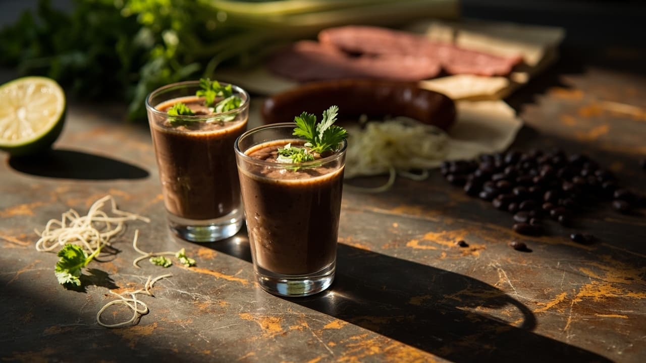 Coconut‑Milk Black‑Bean Soup Shooters with Smoky Sausage and Fennel