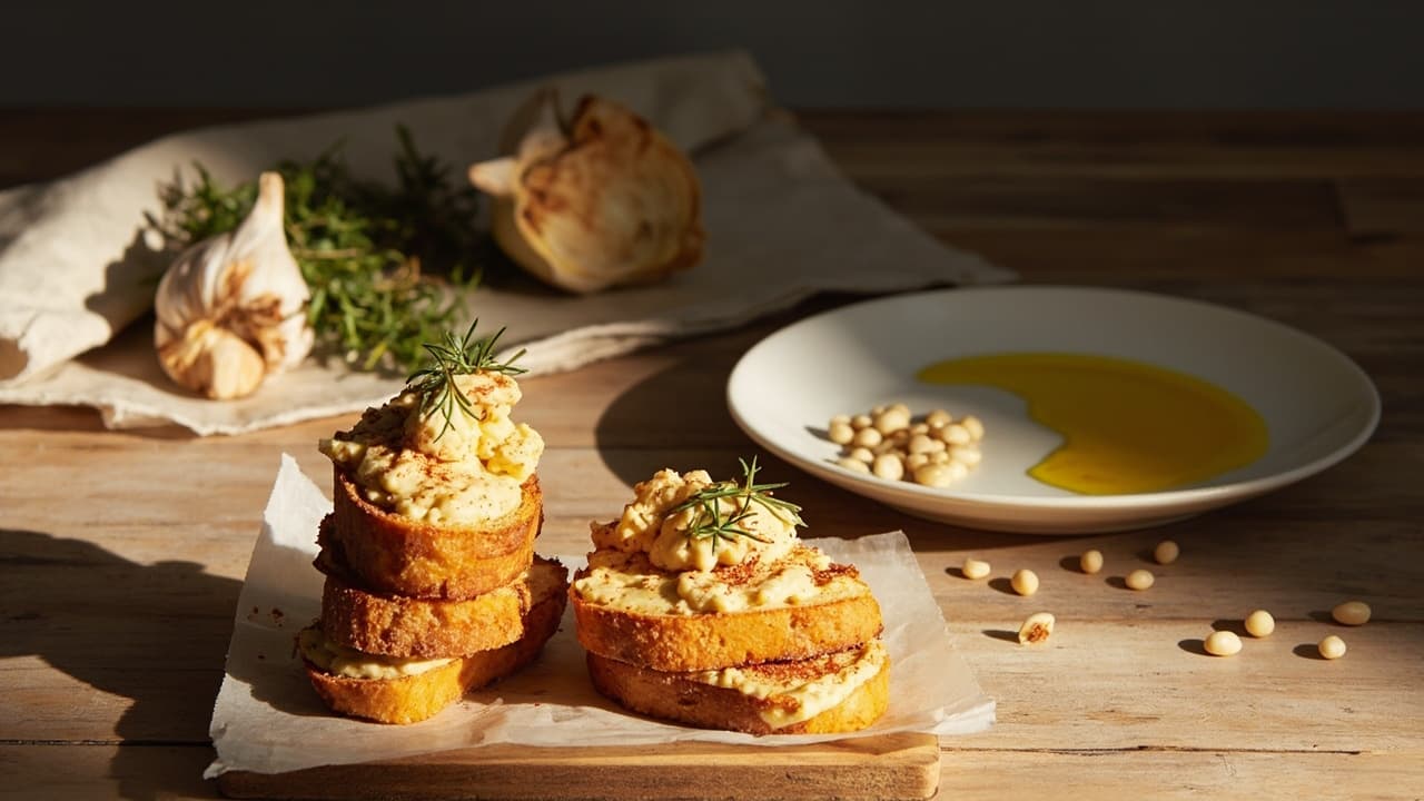 Smoked Paprika White Bean Crostini with Roasted Garlic and Thyme