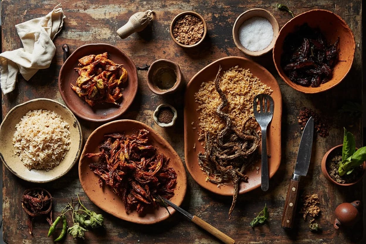 Mise en place for Afro-Mexican Coastal Cuisine (Costa Chica): the staple ingredients and key tools of the tradition laid out on the cook's board.
