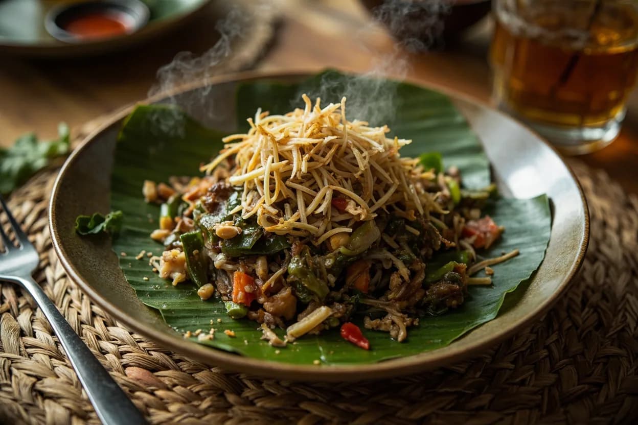 lahpet thoke (fermented tea leaf salad with fried garlic, sesame, and peanuts) — a signature plate from Burmese (Myanmar) cuisine, prepared in the regional style.