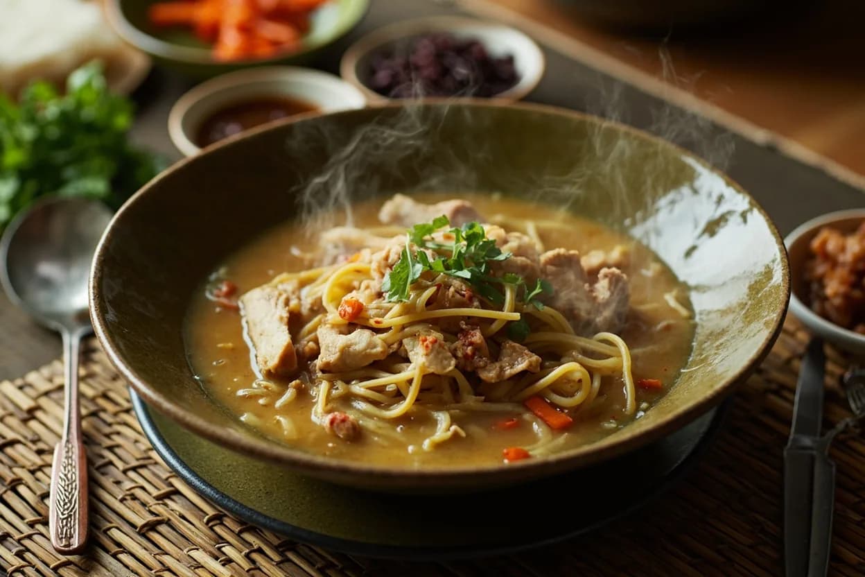 ohn no khao swè (coconut chicken noodle soup) — a signature plate from Burmese (Myanmar) cuisine, prepared in the regional style.