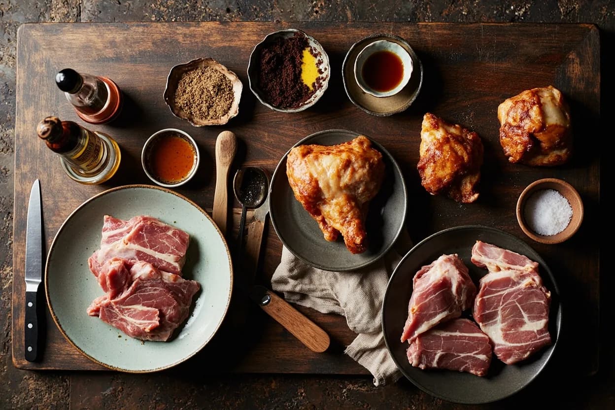 Mise en place for Cantonese Roast Meat (Siu Mei): the staple ingredients and key tools of the tradition laid out on the cook's board.