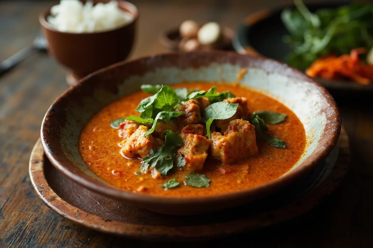 kaeng phet (red curry — ripe dried chile paste, coconut milk, basil, and protein) — a signature plate from Central Thai cuisine, prepared in the regional style.
