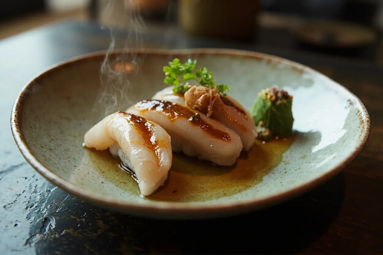 anago nigiri (simmered conger eel brushed with sweet tsume glaze) — a signature plate from Edomae Sushi cuisine, prepared in the regional style.