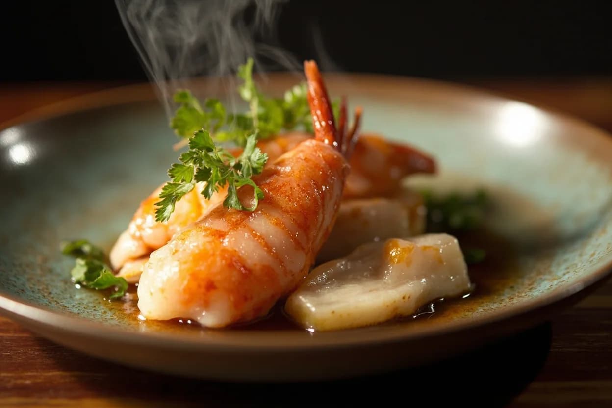 kuruma ebi nigiri (poached tiger prawn, served warm) — a signature plate from Edomae Sushi cuisine, prepared in the regional style.