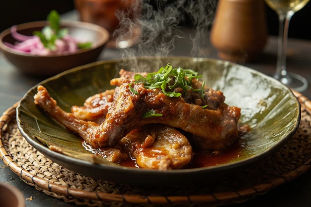 Bebek betutu (slow-cooked duck in banana-leaf parcel with base genep) — a signature plate from Indonesian Balinese cuisine, prepared in the regional style.