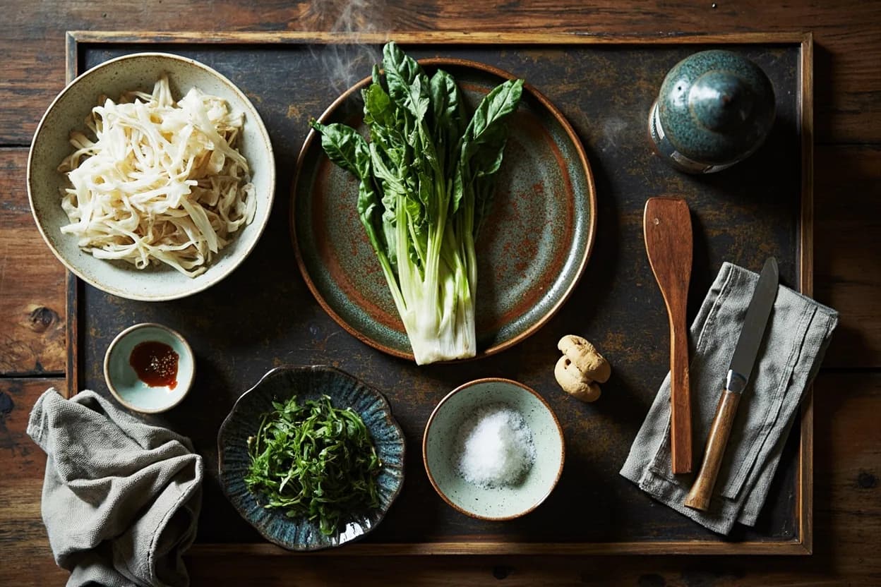 Mise en place for Japanese Nabemono (Hot Pot Traditions): the staple ingredients and key tools of the tradition laid out on the cook's board.