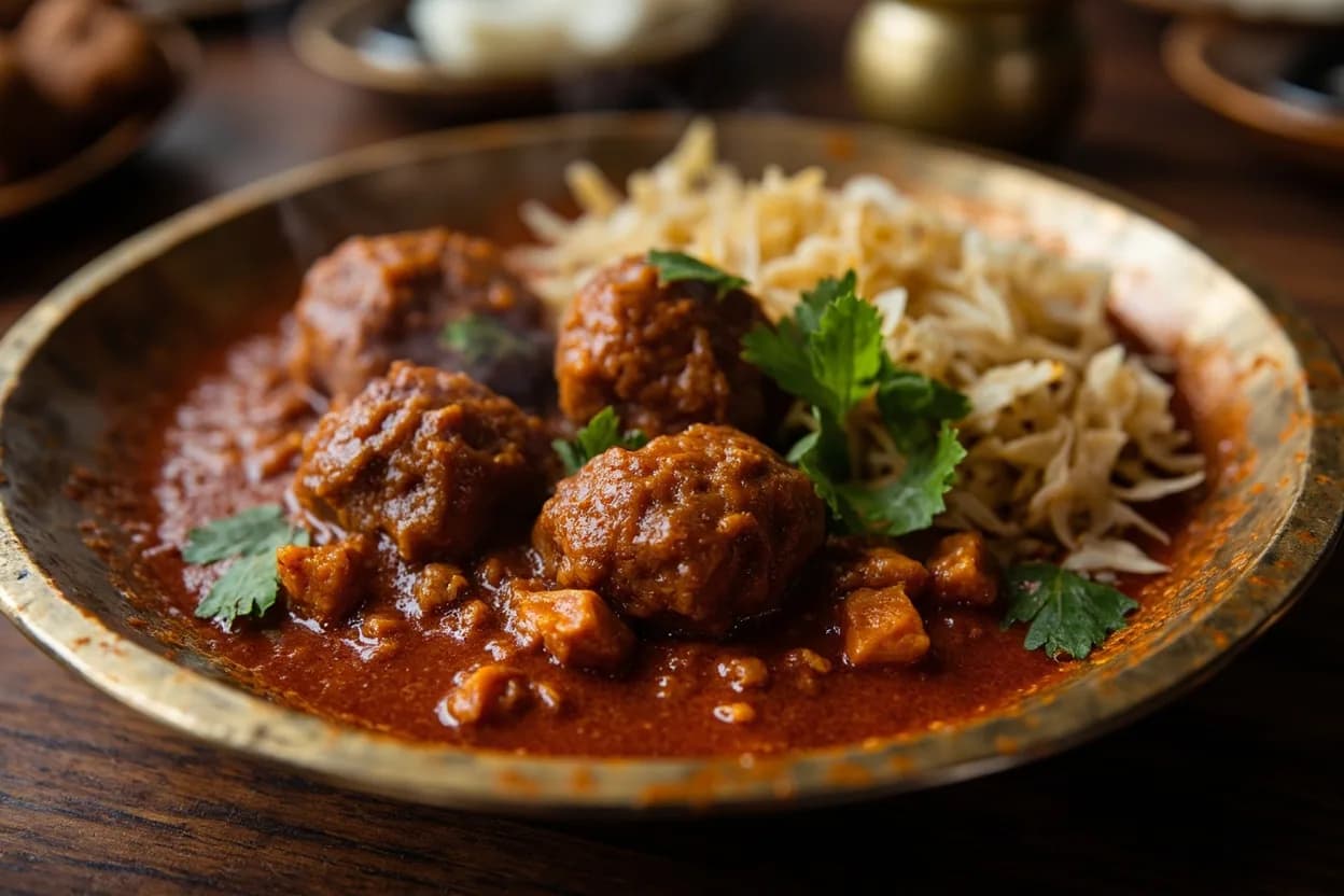 Rista (fine meatballs in red gravy) — a signature plate from Kashmiri (Wazwan) cuisine, prepared in the regional style.