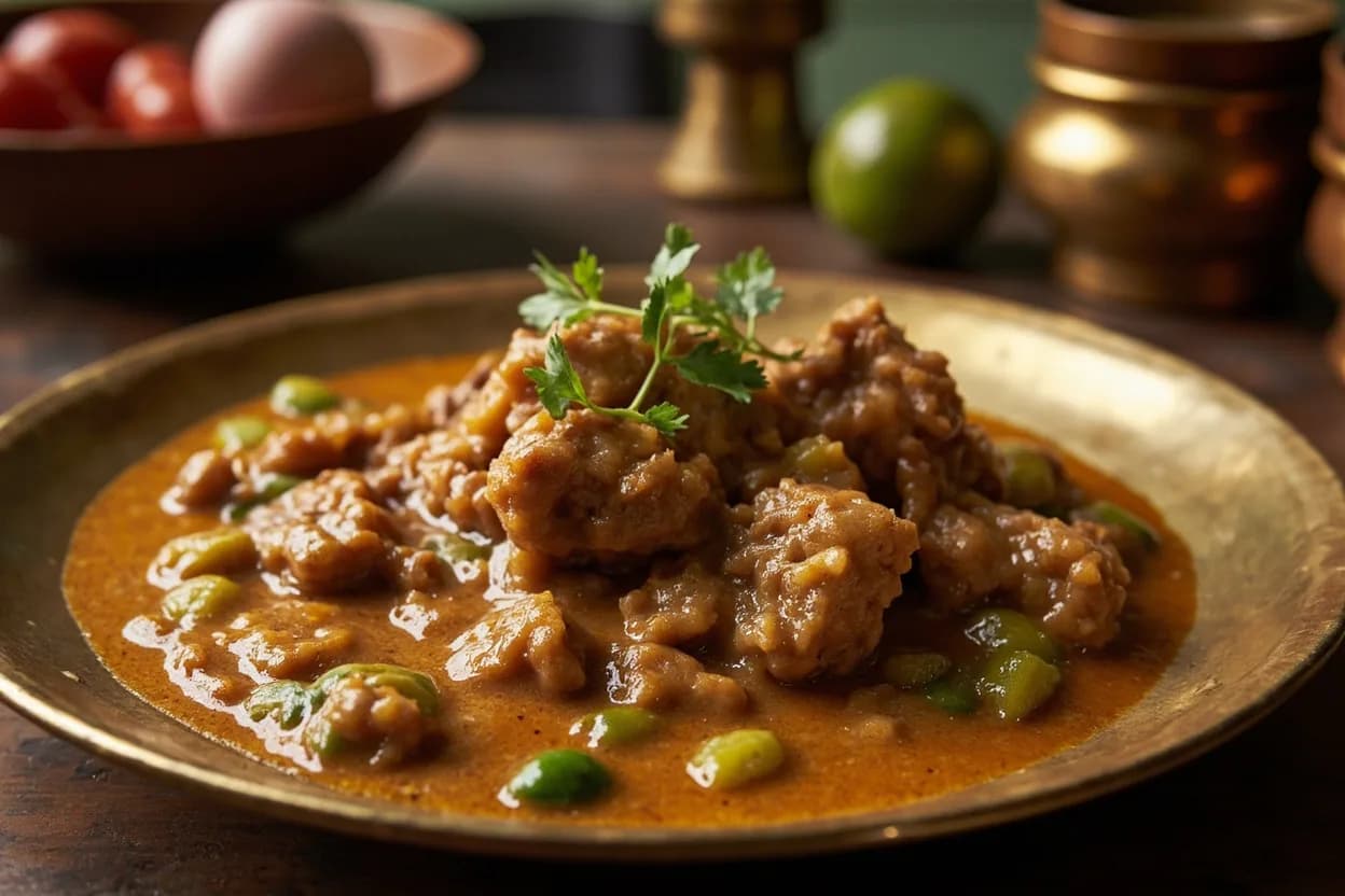 murgh or gosht korma (yogurt-almond gravy) — a signature plate from Mughlai cuisine, prepared in the regional style.