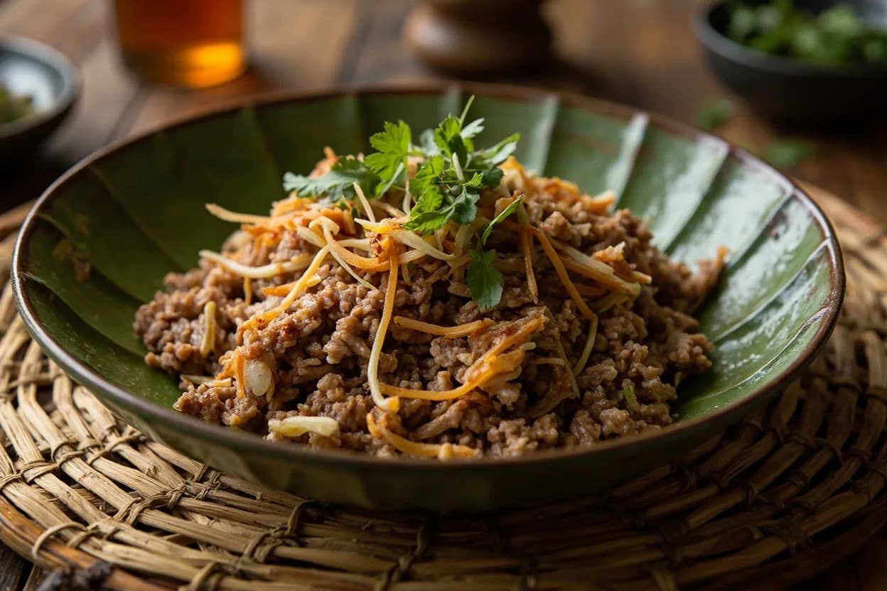 larb (minced meat salad with toasted rice powder) — a signature plate from Northeastern Thai (Isan) cuisine, prepared in the regional style.