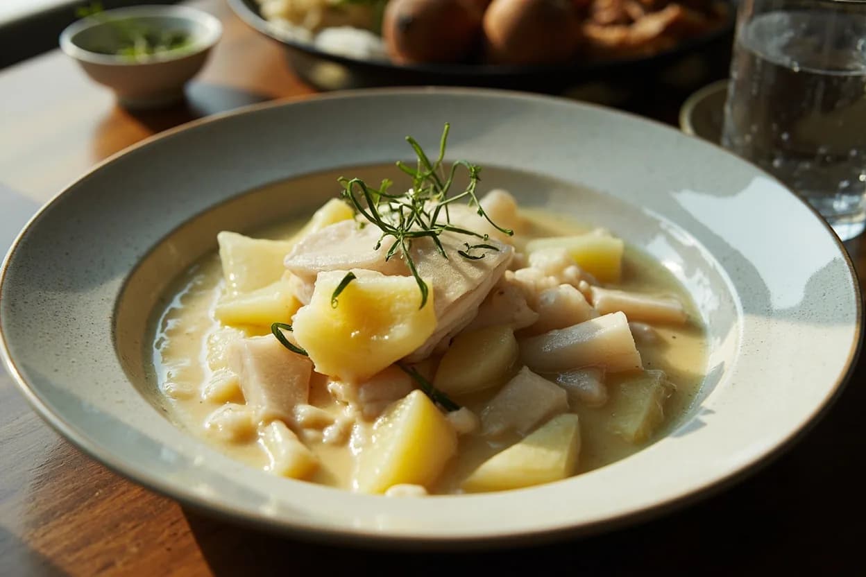 lutefisk (lye-treated dried cod with white sauce and potatoes) — a signature plate from Norwegian cuisine, prepared in the regional style.