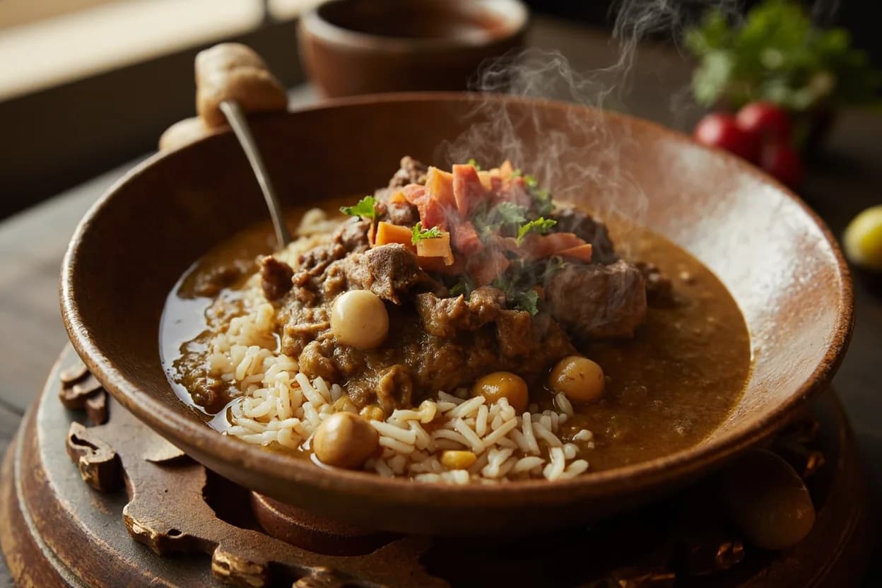 groundnut soup (peanut stew with chicken or goat, served over rice) — a signature plate from Sierra Leonean cuisine, prepared in the regional style.