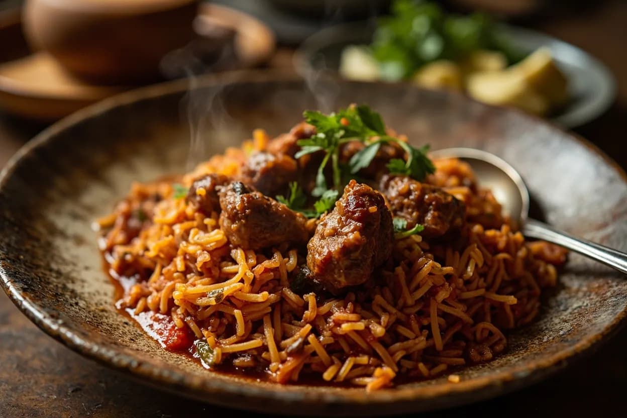 jollof rice (tomato-braised rice with chicken, lamb, or fish) — a signature plate from Sierra Leonean cuisine, prepared in the regional style.