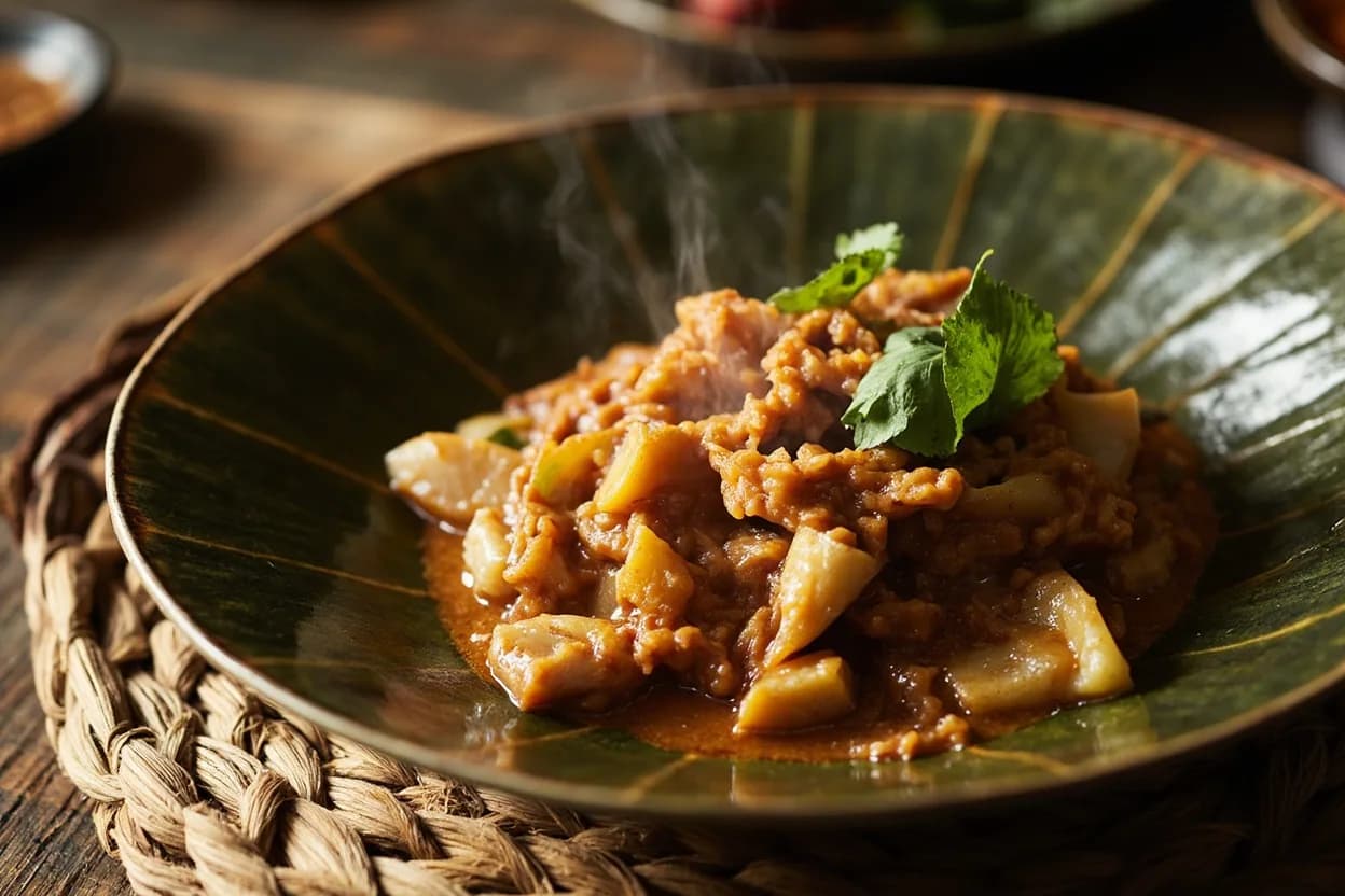 gaeng tai pla (fermented fish innards curry) — a signature plate from Southern Thai cuisine, prepared in the regional style.