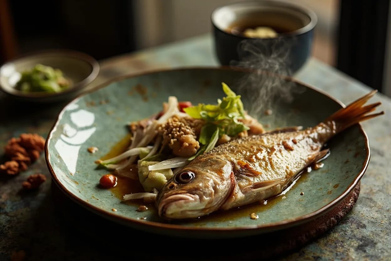 Qing Zheng Yu (clear-steamed whole fish) — a signature plate from Teochew (Chaozhou) cuisine, prepared in the regional style.