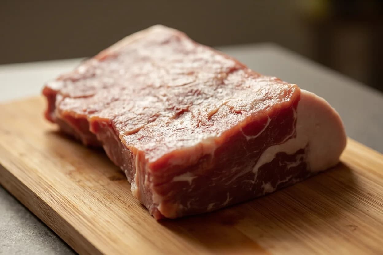 Baby Back Ribs in its raw whole-cut form on a butcher's board — Baby back ribs are the 13 rib bones attached directly to the pork loin (the top of the rib cage, near the spine). Identifying traits: Rack curves in a distinctive arc; the bones are shorter (3–5 in) than spare rib bones (6–8 in), Full rack contains 10–13 ribs and weighs 1.5–2.5 lbs, Meat sits both between the bones and on the convex (back) surface of the rack.