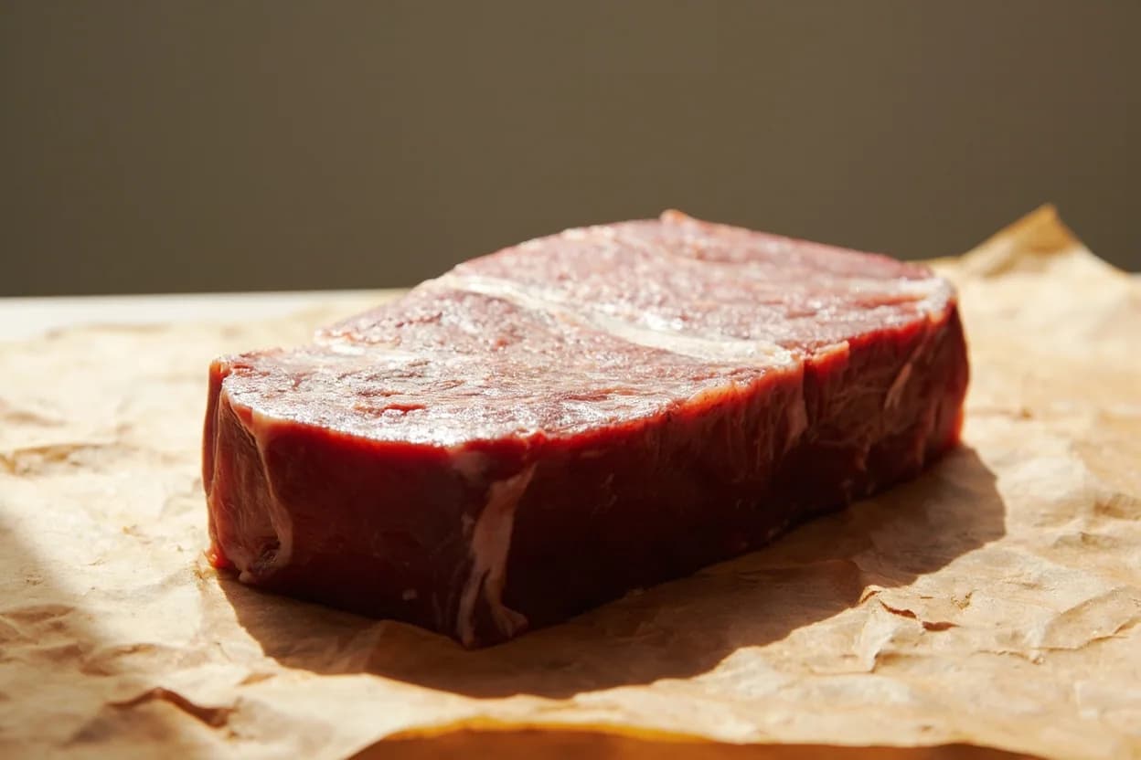Beef Brisket — Flat vs. Point in its raw whole-cut form on a butcher's board — Brisket is the pectoral primal of the steer, comprising two distinct muscles separated by a thick fat seam. Identifying traits: Pectoral muscle with very high collagen content — requires low-and-slow cooking, Flat is uniform in thickness (1–2 in / 2.5–5 cm), ideal for slicing, Point is irregular, thicker, and fattier — becomes 'burnt ends' in BBQ tradition.