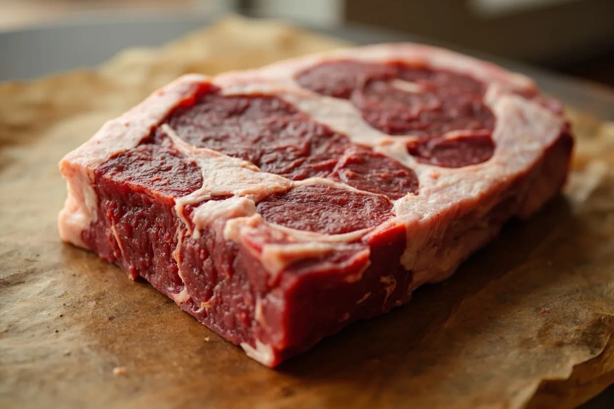 Beef Rib Section — Ribeye, Short Rib & Back Rib in its raw whole-cut form on a butcher's board — The beef rib primal spans ribs 6 through 12 (seven ribs), cut from the forequarter between the chuck (ribs 1–5) and the short loin (beginning at rib 13). Identifying traits: Spinalis dorsi (rib cap) is widely regarded as the most flavourful muscle on the animal, Lip-on rib-eye roll retains the outer fat cap and intercostal layer for maximum flavour during roasting, Lip-off (boneless rib-eye) is trimmed of the lip for uniform portion control.