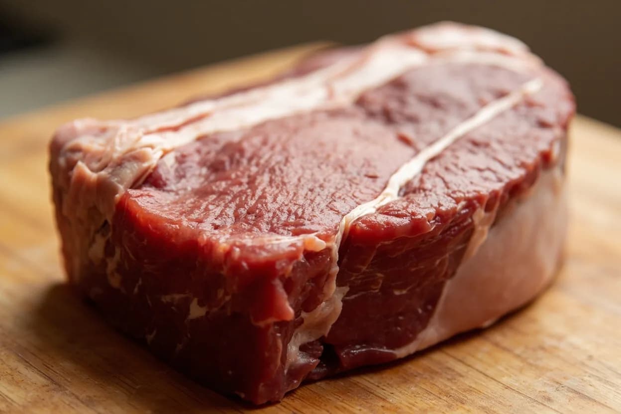 Beef Round & Rump Cuts in its raw whole-cut form on a butcher's board — The round primal comprises the entire hindquarter below the sirloin and above the shank: essentially the large muscles of the hind leg. Identifying traits: Leanest of all beef primals — significantly lower fat than chuck, rib, or loin, Tight, dense muscle grain that slices best when fully cooked and then cut very thin, Eye of round is almost perfectly cylindrical — ideal for uniform deli-style slicing on a machine.