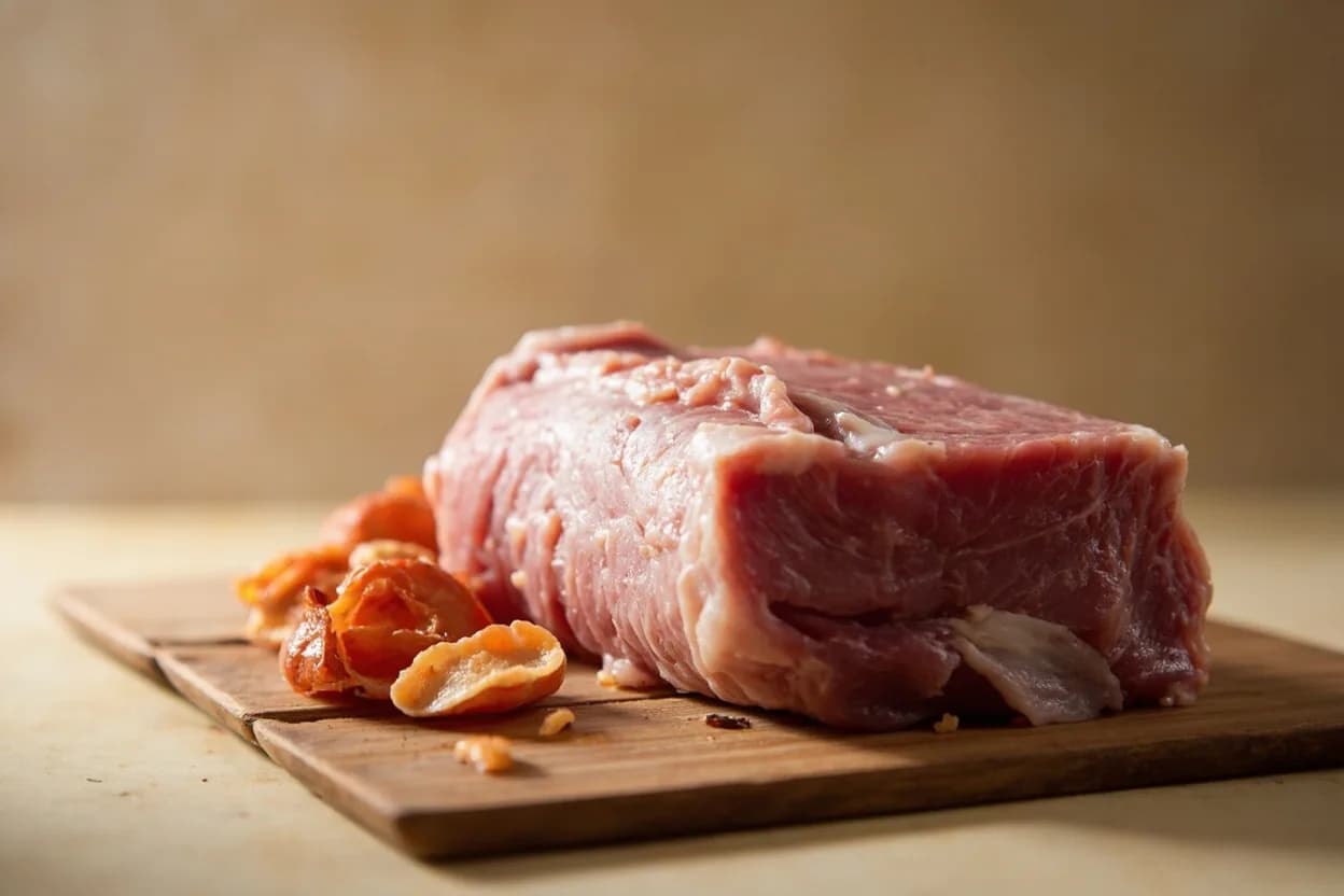 Chamorro (Pork Hock) Preparation in its raw whole-cut form on a butcher's board — The chamorro is the section of the pork leg below the knee joint — the hock — comprising shank meat, dense connective tissue, and a thick hide. Identifying traits: Thick, tough skin that crisps dramatically when deep-fried after braising, High collagen content yields an intensely gelatinous braise liquid, Compact muscle structure holds shape on the bone during long cooking.