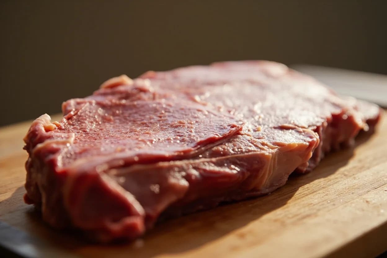 Châteaubriand in its raw whole-cut form on a butcher's board — The châteaubriand is a thick roast or double-portion steak carved from the widest, most central section of the beef tenderloin (psoas major). Identifying traits: Uniformly cylindrical shape with virtually no grain variation across its cross-section, Velvety, almost custard-like texture when cooked to medium-rare, Mild, clean beef flavor — subtle compared to well-marbled cuts.