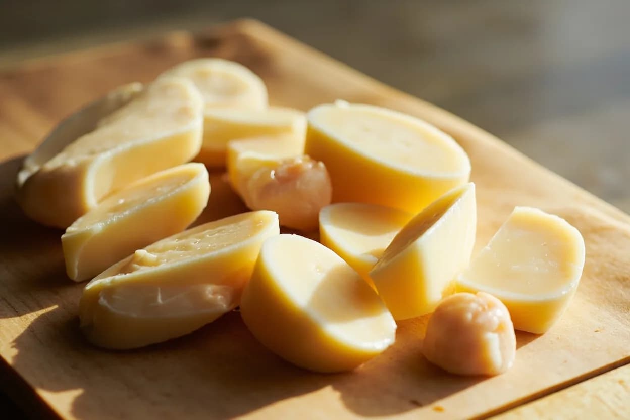 Cheese Board Portioning for Service in its raw whole-cut form on a butcher's board — Cheese board portioning for service is the art and craft of transforming a selection of whole, half, or pre-cut cheeses into the correct pre-service geometry for a cheese course, cheeseboard, or from… Identifying traits: Every cut must preserve the rind arc on wheel cheeses — a single pre-cut wedge carries both visual identity (rind edge) and textural contrast (paste centre), One knife per cheese is a non-negotiable hygiene and flavour rule — cross-contamination of bloomy rind mould into a blue vein, or washed-rind bacteria into a fresh chèvre, alters both flavours, Pre-cutting a portion of a soft wheel (Brie, Camembert) shows the paste interior and invites guests to continue cutting; leaving it fully uncut at service suggests it may not be ripe.