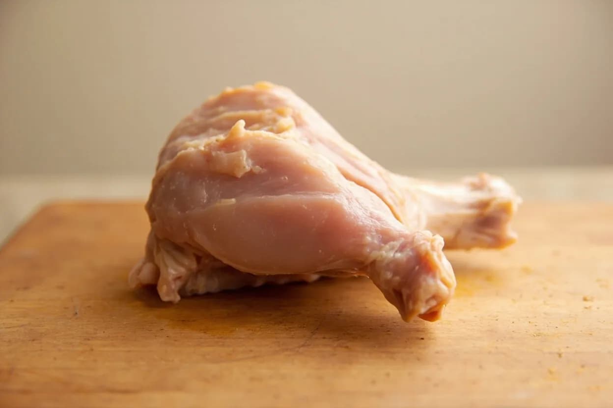 Chicken Thigh — Bone-In vs. Boneless in its raw whole-cut form on a butcher's board — The chicken thigh is the femoral section of the leg — the segment from hip socket to knee joint — and is composed primarily of the biceps femoris and related dark-meat muscles that are well-exercised… Identifying traits: Dark, myoglobin-rich muscle — more flavor compounds than white breast meat, High collagen content from the active muscle group — converts to gelatin under heat, keeping the meat moist, Skin-on boneless thigh lays flat, producing even, unbroken skin contact with the pan for a full, crackle-crisp sear.