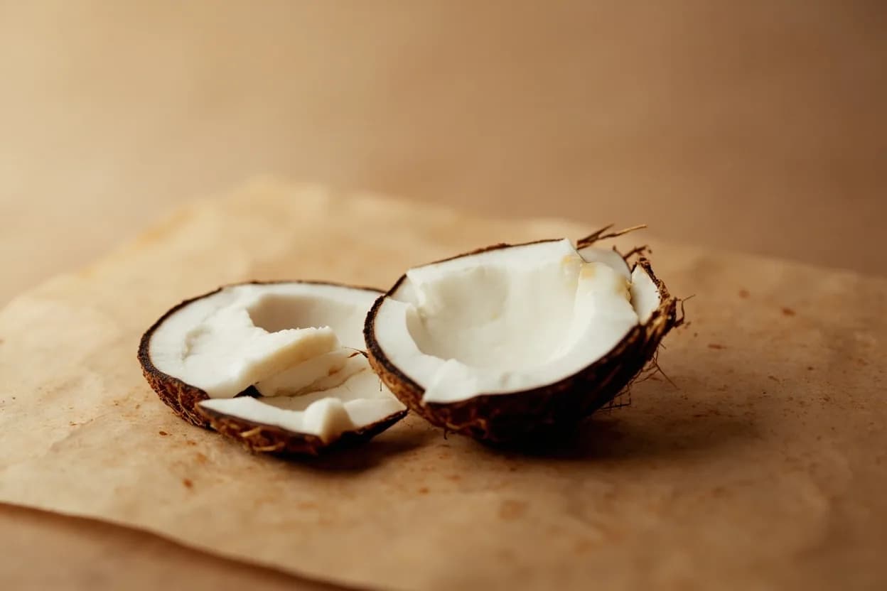 Coconut — Scraped vs. Grated in its raw whole-cut form on a butcher's board — After cracking and halving a fresh mature coconut (Cocos nucifera), the white flesh can be extracted by two contrasting methods. Identifying traits: Scraped coconut retains more moisture and produces longer, chewier shreds, Grated coconut is finer, drier, and blends more smoothly into chutneys or sweets, Both methods require extracting the flesh from the shell first — either prying with a coconut opener or using residual heat (tap on the equator, shell cracks along natural lines).