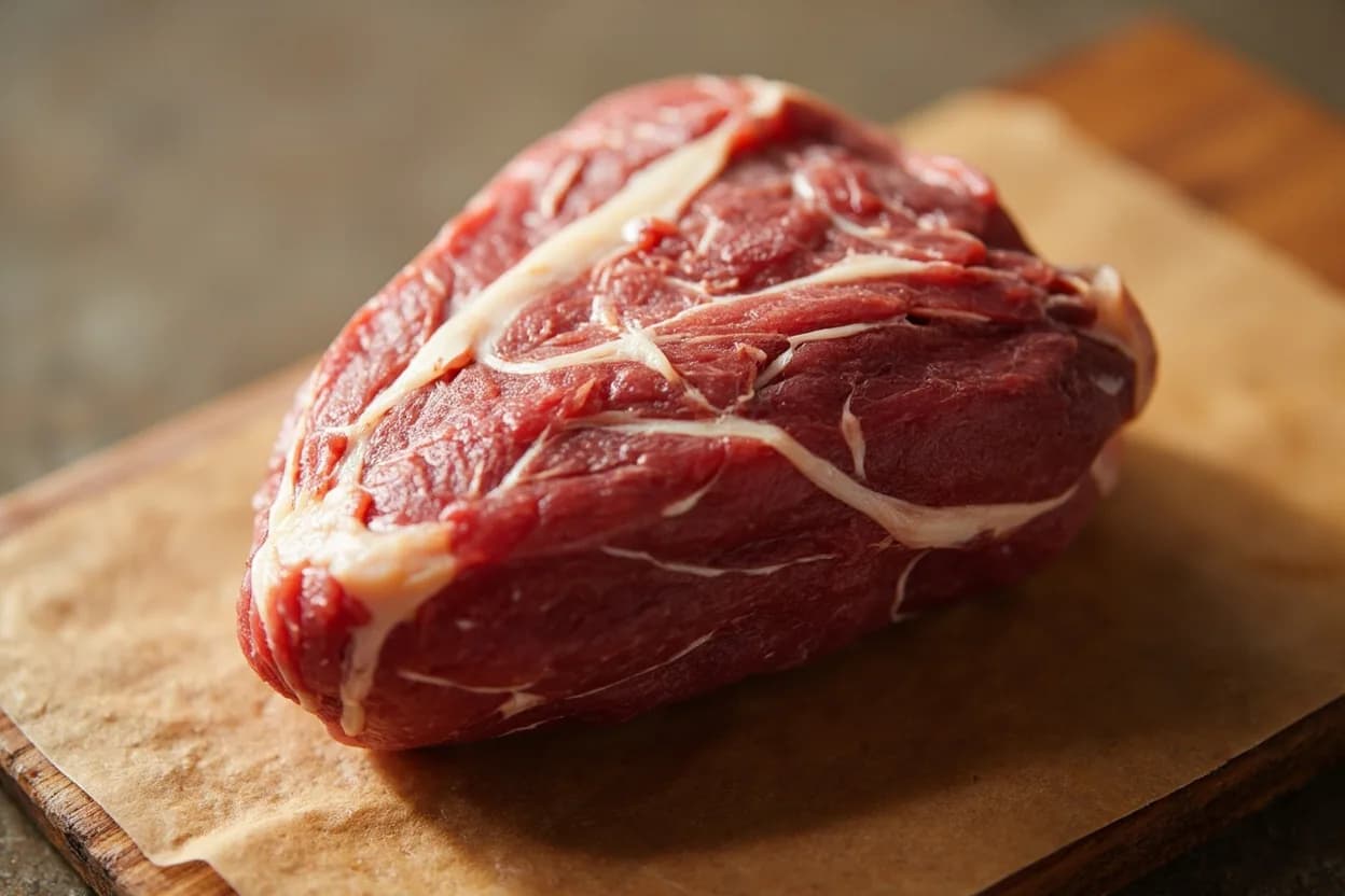 Corazón de Res (Beef Heart for Anticuchos) in its raw whole-cut form on a butcher's board — Anticucho preparation reduces a whole beef heart (typically 1. Identifying traits: Dense, fine-grained muscle with none of the organ-meat softness of liver, Absorbs marinades deeply due to the open, porous cut surface, Develops char and smoke character rapidly on high heat.