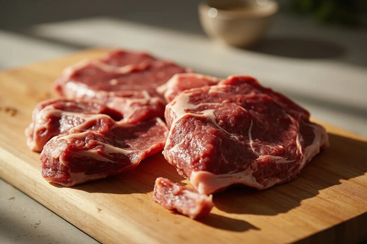 Halal Beef Primal Breakdown in its raw whole-cut form on a butcher's board — Halal beef refers to cattle slaughtered according to zabiha (Islamic method): a swift cut severing the jugular veins, carotid arteries, and trachea while the animal faces the qibla and a blessing is … Identifying traits: Thorough blood-draining produces a cleaner, drier surface on the raw meat, Forequarter emphasis means chuck and brisket are the most commercially available halal cuts in Western markets, Sciatic nerve (gid hanasheh) removal may be required for strictly observant consumers, making some hindquarter cuts unavailable in smaller shops.