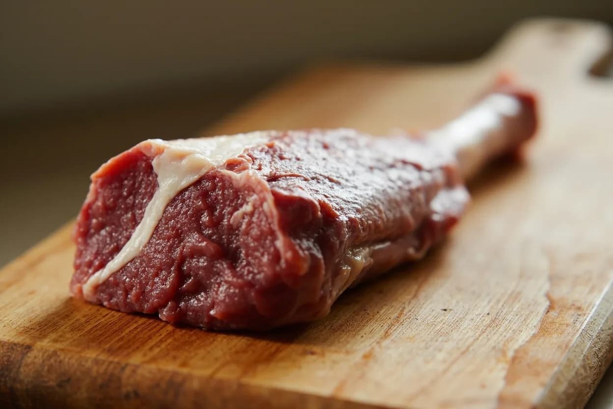 Lamb Shank in its raw whole-cut form on a butcher's board — The shank is the lower portion of the leg, encompassing the radius and ulna (foreshank, from the foreleg) or the tibia and fibula (hindshank, from the hind leg), encased in a cylinder of dense workin… Identifying traits: Dramatic single-serving presentation: one shank per plate, bone upright, High collagen yielding a naturally thickened, glossy braising sauce, Moderate fat content with a clean, savoury lamb flavour.