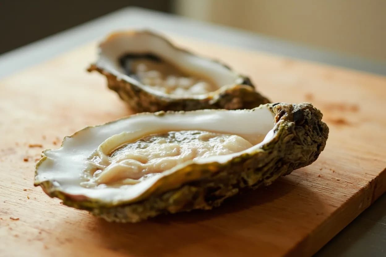 Oyster Shucking Technique in its raw whole-cut form on a butcher's board — Oyster shucking is the technique of opening a bivalve mollusc by inserting a short, stout-bladed oyster knife into the hinge (posterior ligament joint) and applying rotational force to pop the shell … Identifying traits: Cup-to-flat orientation is critical — always shuck with the cup side down to prevent liquor loss, Hinge is the strongest entry point; the knife should enter with minimal grinding of shell, The adductor must be cut from both shells — top valve first to open, then bottom to free the oyster.