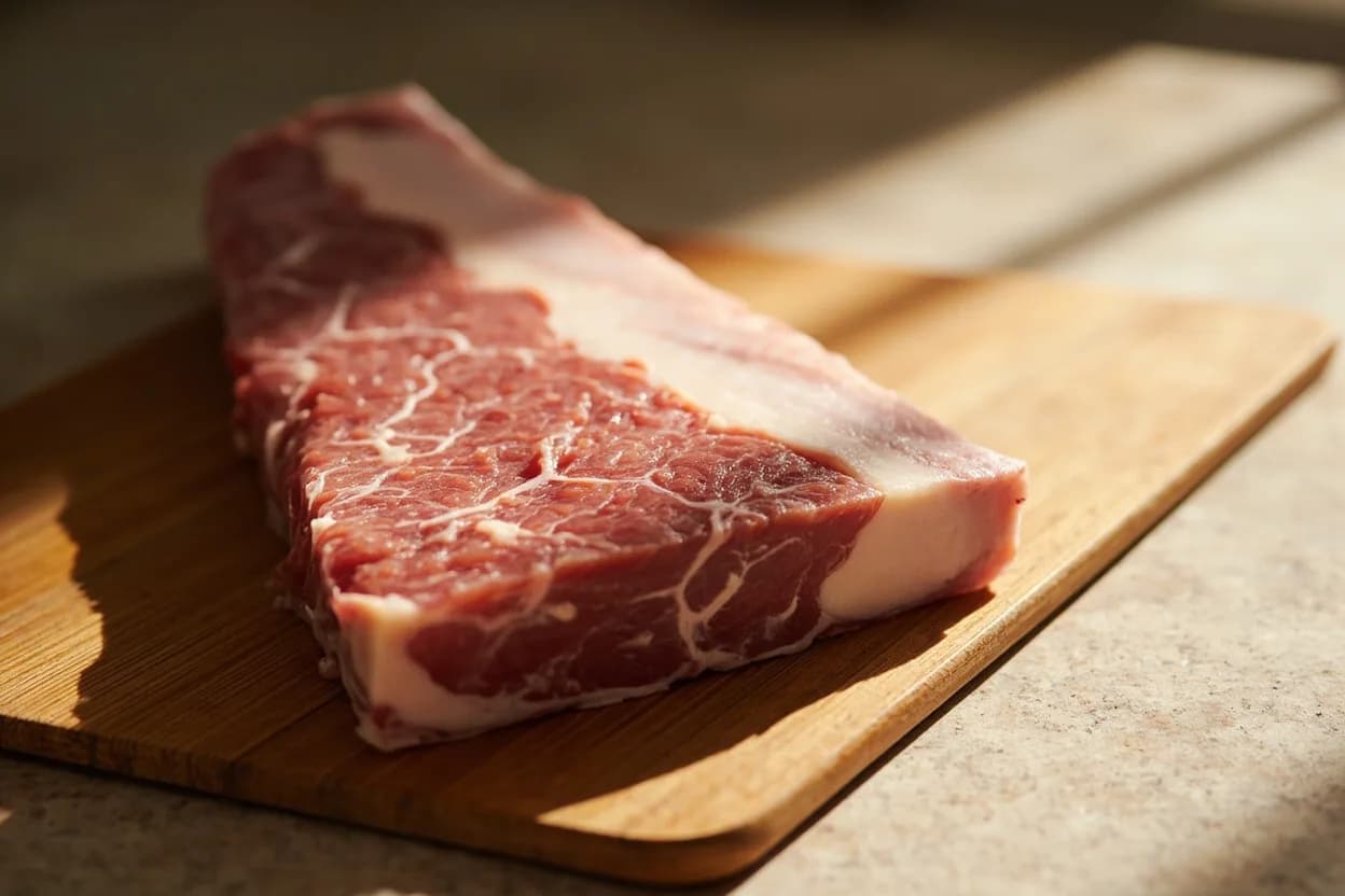 Pancetta Tesa vs. Arrotolata in its raw whole-cut form on a butcher's board — Pancetta is Italy's answer to unsmoked cured pork belly, made from the same primal as American bacon but never smoked. Identifying traits: Cured with salt, sugar, black pepper, juniper, rosemary, and sometimes nutmeg or cloves — regional recipes vary by Italian province, Never smoked — smokiness distinguishes bacon from pancetta, Tesa: thick-cut lardons are the primary format; sliced thin it can be eaten raw.