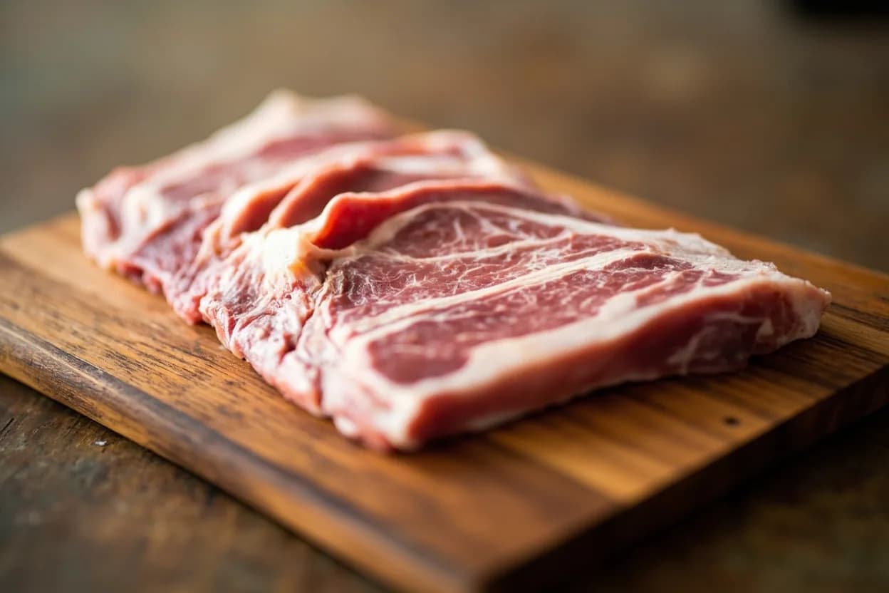 Pork Belly Thin-Slice for Hot Pot in its raw whole-cut form on a butcher's board — Hot-pot pork belly slices are not simply thin cuts of pork belly — they are a specific machine-processed product produced by hard-freezing a whole or half belly slab (skin-on or skinless) and running… Identifying traits: Translucent at 1–2 mm — fat layers become almost see-through when fresh, Rolls and curls elegantly when swished in hot broth, a valued aesthetic in Japanese shabu-shabu presentation, Fat renders in 10–15 seconds in boiling broth, enriching the soup base immediately.