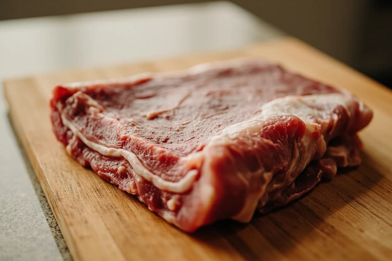 Pork Jowl (BBQ Context) in its raw whole-cut form on a butcher's board — Pork jowl in a BBQ context refers to the uncured, unsmoked raw cheek of the pig cooked via low-and-slow indirect smoking, typically to an internal temperature of 195–205°F (90–96°C) until the abundan… Identifying traits: Dense, tight muscle grain that relaxes dramatically under extended low-and-slow cooking, Abundant fat seams render to a silky, gelatinous consistency, Skin-on cooking produces a firm, chewy rind distinct from belly skin.