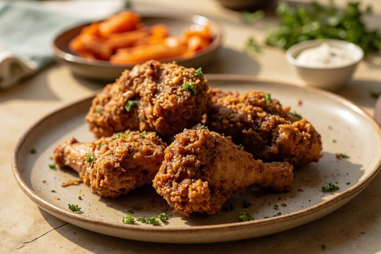 Poultry Breakdown — 8-Piece & 10-Piece prepared the canonical way — Southern fried chicken. STEP 1 — Remove legs: lay bird breast-side up, pull leg away from body, slice through the skin between thigh and breast. Flex the thigh back until the hip joint pops, then cut through the joint. Repeat on other side.