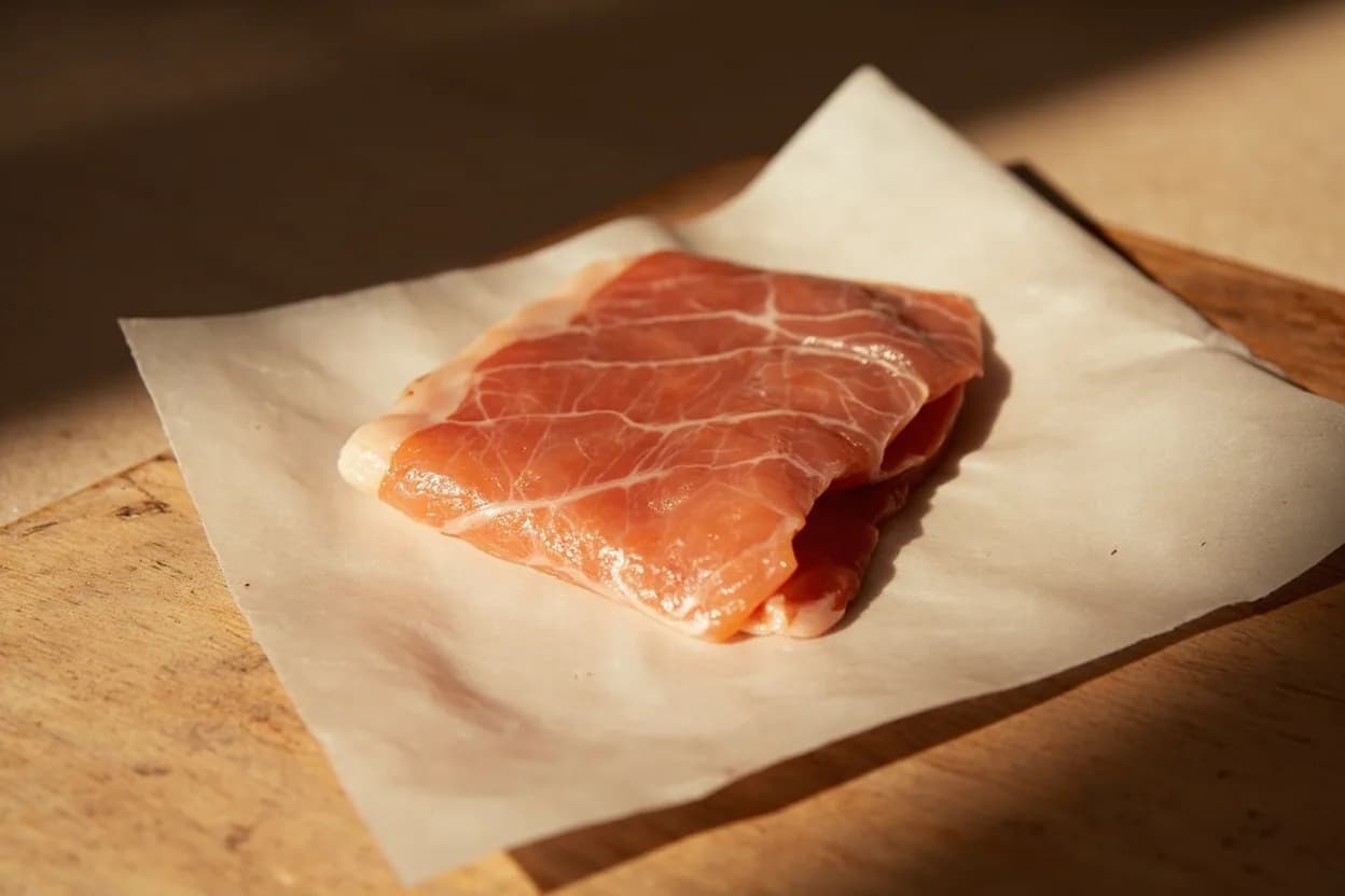 Salmon Gravlax Slice (Garnish Manger Context) in its raw whole-cut form on a butcher's board — The salmon gravlax slice is a specific cold-kitchen cutting technique applied to a cured (gravlax) or cold-smoked salmon side. Identifying traits: Translucency when held to light — a hallmark of correct 2–3 mm thickness, Long, elongated shape from the bias angle, typically 10–18 cm per slice from a full side, Intact, clean edges with no tearing or ragged fibres — a function of knife sharpness and blade temperature.