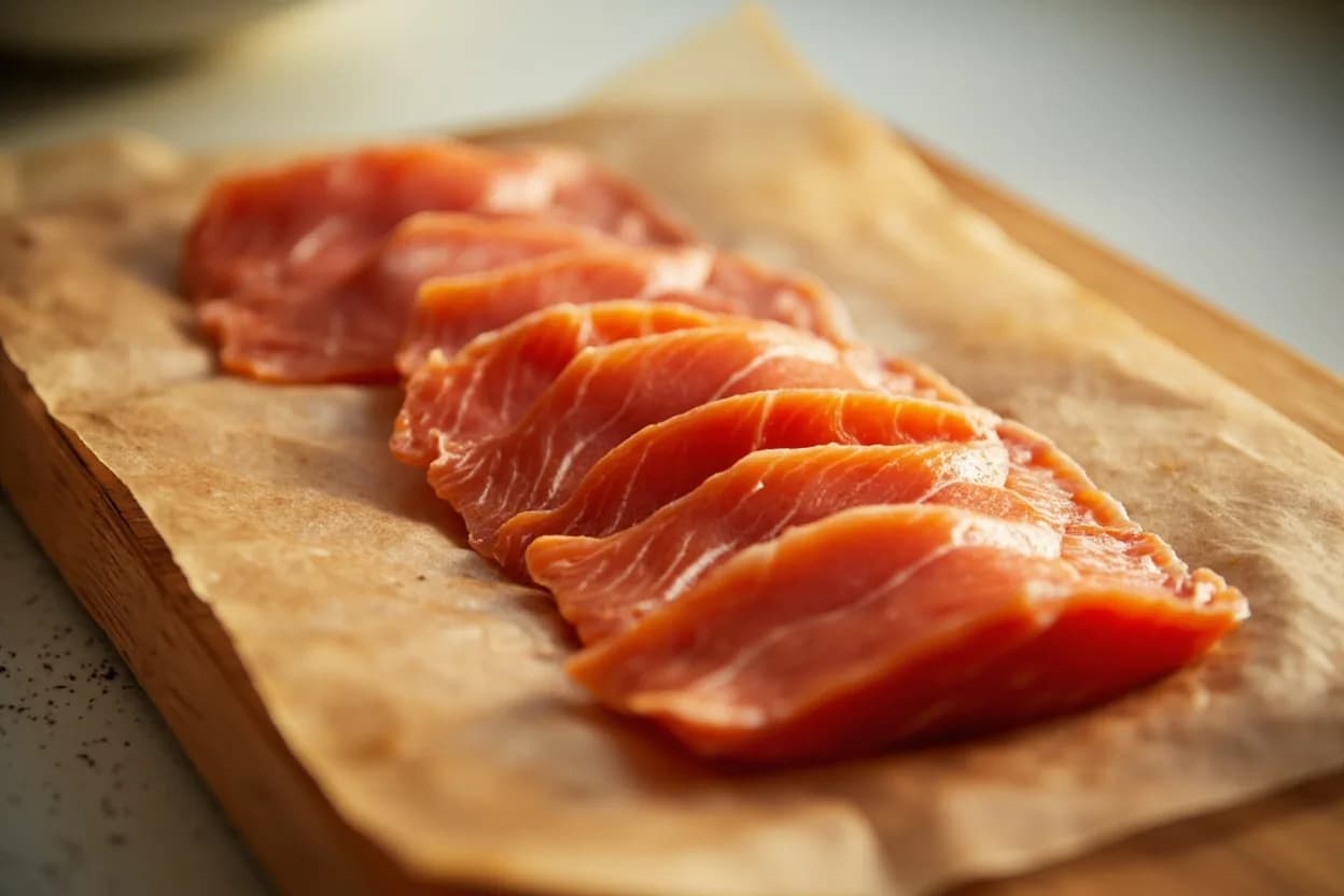 Salmon Gravlax Slice Technique in its raw whole-cut form on a butcher's board — Gravlax slice technique refers to the method of carving cured or cold-smoked salmon into long, translucent, bias-angled slices by drawing a long flexible blade at a near-horizontal angle against the … Identifying traits: Slices are ideally 2–3 mm thick and translucent when held to light, The bias angle (30–40° from horizontal) elongates each slice dramatically, producing elegant ribbon-like pieces, Cutting against the grain ensures the slice holds together rather than crumbling along muscle bundles.