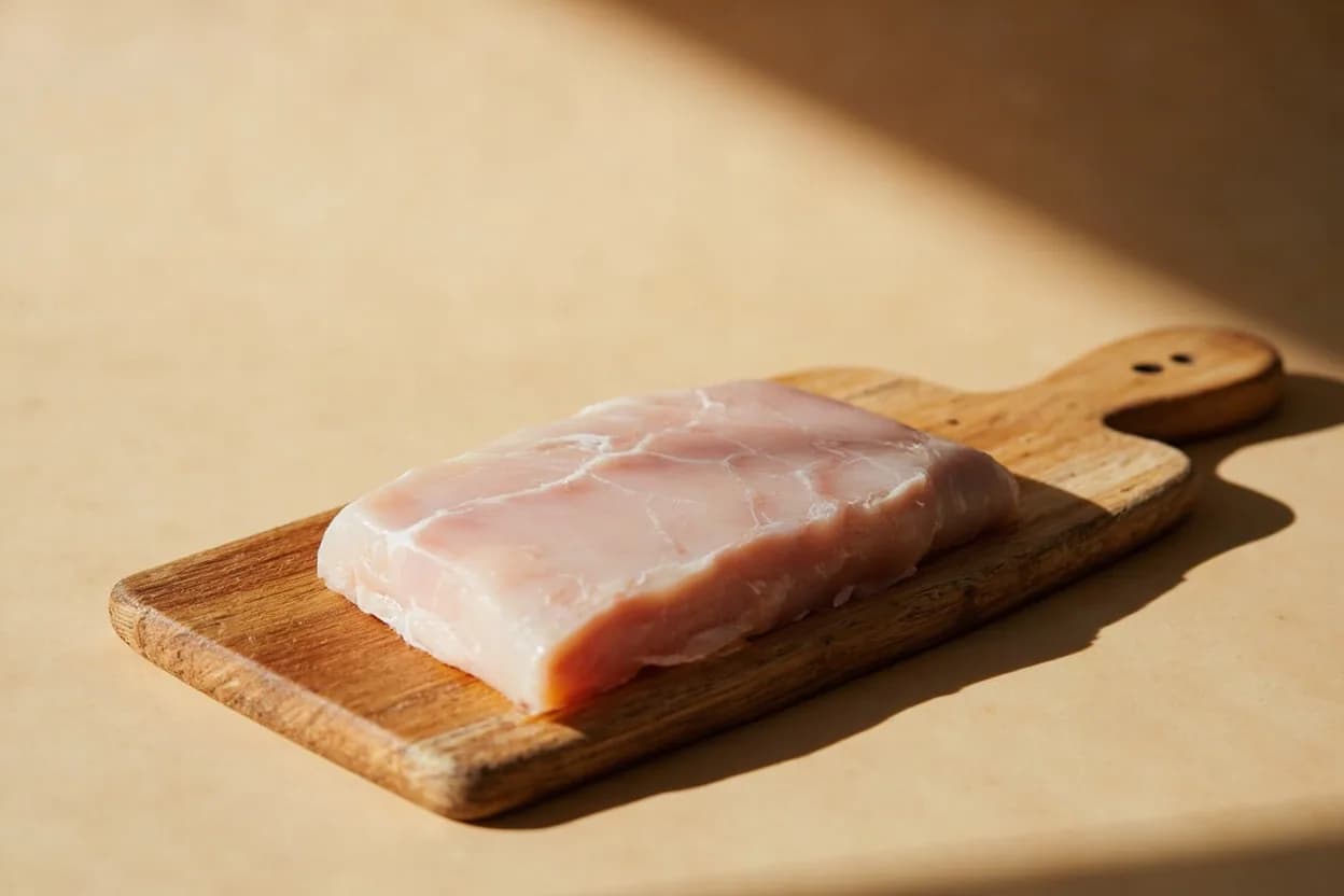 Salt Cod — Soaking & Pre-Portioning in its raw whole-cut form on a butcher's board — Salt cod is Atlantic cod (Gadus morhua) that has been split, heavily salted, and dried to a moisture content of roughly 40% — a preservation method over 500 years old, born from Basque and Portuguese… Identifying traits: Thick lomos hold their shape during long braises — ideal for stews and al pil-pil, Ventral flap is thinner, fattier in flavor character, better for fritters and croquetas, Large, pearlescent white flakes after cooking — a defining visual and textural marker.