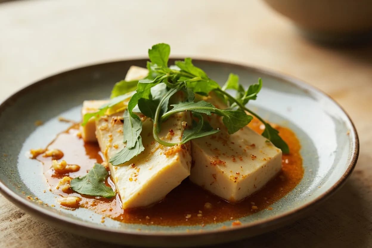 Silken Tofu — Slab vs. Cube Cut prepared the canonical way — Mapo doufu (麻婆豆腐). SLAB METHOD (mapo doufu): Drain the block briefly on paper towels. Slide it — whole or broken into 4–6 large uneven chunks — into a wok of gently simmering doubanjiang sauce. Do not stir aggressively; instead tilt and swirl the wok so sauce climbs the sides of the slabs. The tofu breaks further during cooking into rustic 2–4 cm pieces. Finish with a starch slurry to glaze. The irregular surfaces created by natural breaking hold more sauce than smooth knife cuts.