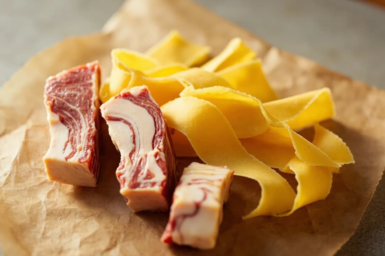Tagliatelle & Pappardelle Width Standards in its raw whole-cut form on a butcher's board — Tagliatelle and pappardelle are long ribbon pastas cut from a rolled egg-dough sheet (sfoglia), distinguished primarily by width. Identifying traits: Tagliatelle: 8 mm wide uncooked, ~10 mm cooked; long, wavy edge from hand-rolling on mattarello, Pappardelle: 20–30 mm wide; widest of Italian egg-pasta ribbons without a specific machine attachment, Both are long-format pastas meant to be twirled, not cut at the table.