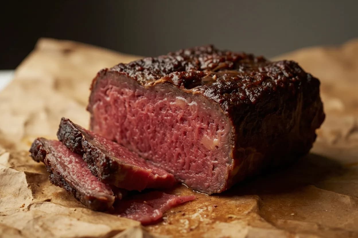 Beef: Blue (Bleu) at 46–49°C (115–120°F). Below 50°C, myosin begins to denature but actin remains fully intact, so the muscle fibers retain the same soft, slippery structure as raw beef. Visual cues: Deep purple-red center, virtually indistinguishable in color from raw beef, Cool or barely warm core when pressed or cut, Exterior crust is dark brown and fully seared.